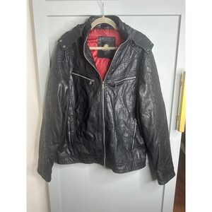 PLATINI Men's Faux Leather Moto Jacket Hooded Quilted Black‎ Size XL